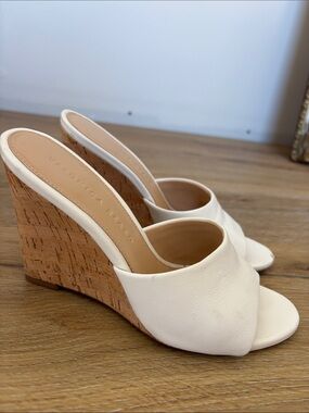 Veronica Beard Ivory Leather Cork Wedge Slides